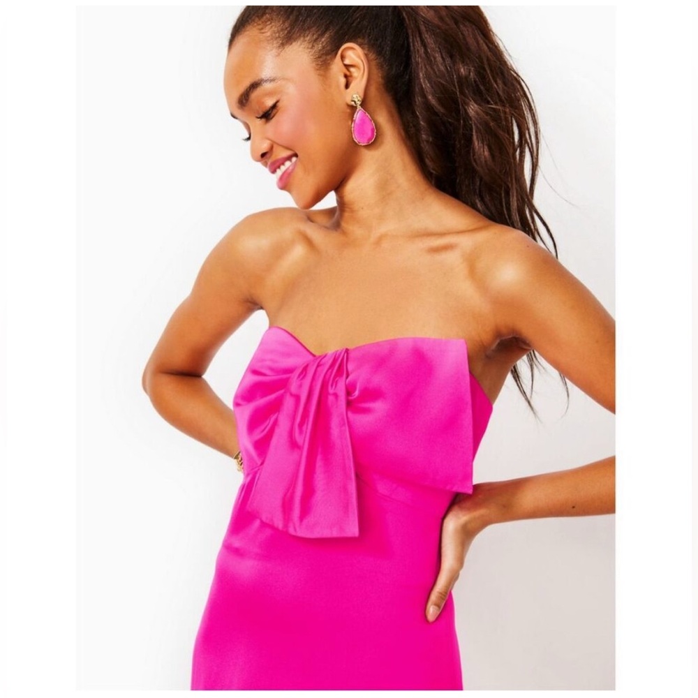 New Lilly Pulitzer Carlynn Satin Maxi Bow Dress Pink Palms Size 10 - Picture 2 of 6